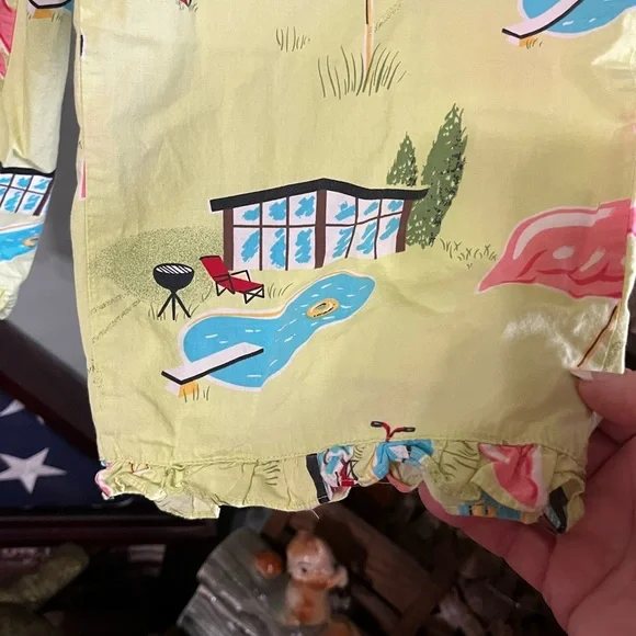 Vintage Nick & Nora Retro Outdoor Swimming Pool Flamingo Grass Mower Pajamas - Picture 8 of 9